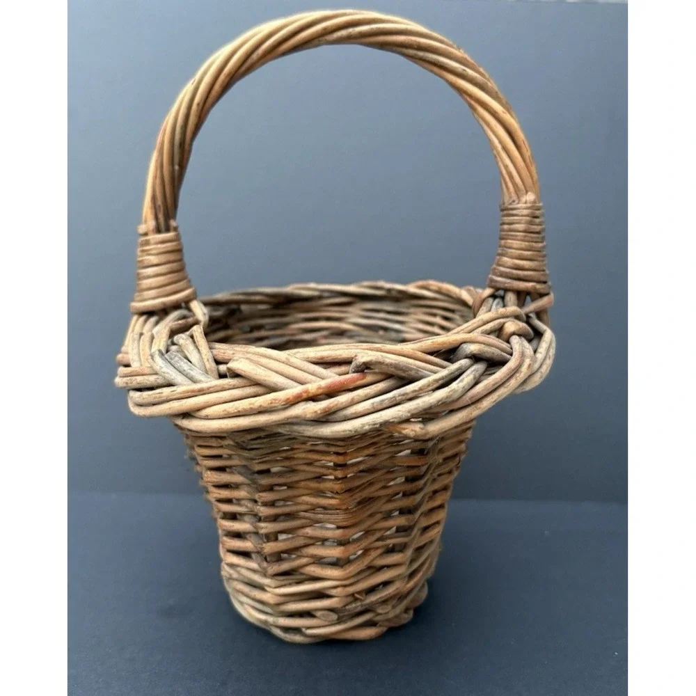 Vintage miniature child's gathering woven wicker willow basket flare rim EVC